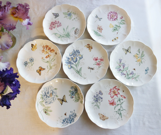 Lenox Dinner Plates - Butterfly Meadow Pattern Garden Plants Flowers Butterflies Bugs Pink Blue Green Yellow White Priced Per Plate