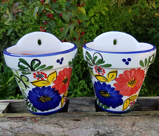 Spanish Glazed Terracotta Wall Planters 21 cm X 18 in A Set Of 2 - New Traditional Handmade Ceramic Pottery