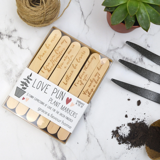Love Plant Marker Set, Valentines Gift, Grow Your Own Set Of 6, Love Phrases For Gardeners, Wooden Engraved Markers, Fathers Day