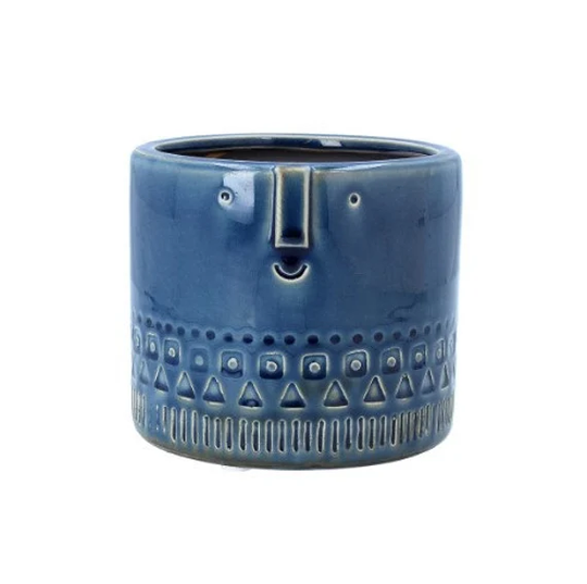Navy Blue Bob Head Planter, Face Unique Retro Pattern Glazed Ceramic Stoneware House Plant Pot Cover, Boho Indoor Succulent Planter