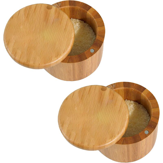Bamboo Salt Box,Salt Holder With Lid, Salt Shaker, Cumin and Pepper Bowl with Magnetic Swivel Lid(2 pcs) Life