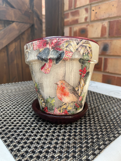 Robin Plant Pots, Birds Pots With Saucers, Decoupaged Indoor Plants, Garden & Home Decor Gifts, Christmas Robin Gifts