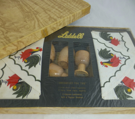 Vintage Liddell Pure Irish Linen Breakfast Set For Two - 2 Tray Cloths, Napkins, Wood Egg Cups & Salt & Pepper Shaker Cockerel Design