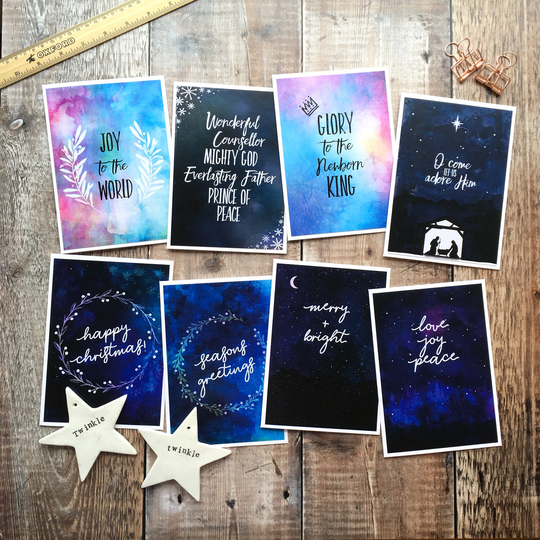 Christmas Card Set, Watercolour Cards, Pack, Pack Of 8, Happy Christmas, Jesus, Merry Seasons Greetings