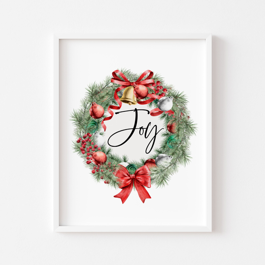 Joy, Christmas Print, Watercolour Xmas Seasonal Wreath Unframed Wall Art Print|Christmas Home Decor|Xmas Art|Poster Prints