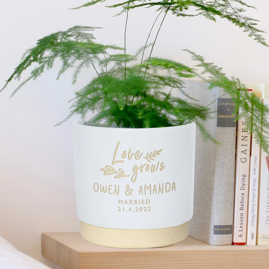 Personalised Wedding Celebration Indoor Plant Pot, Engraved To Order, Your Choice Of Text - Perfect For The Happy Couple, A Bespoke Gift