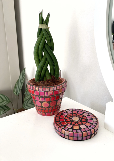 Handmade Red Mosaic Indoor | Outdoor Plant Pot & Coaster Home Decor Birthday Gift Cactus Planter
