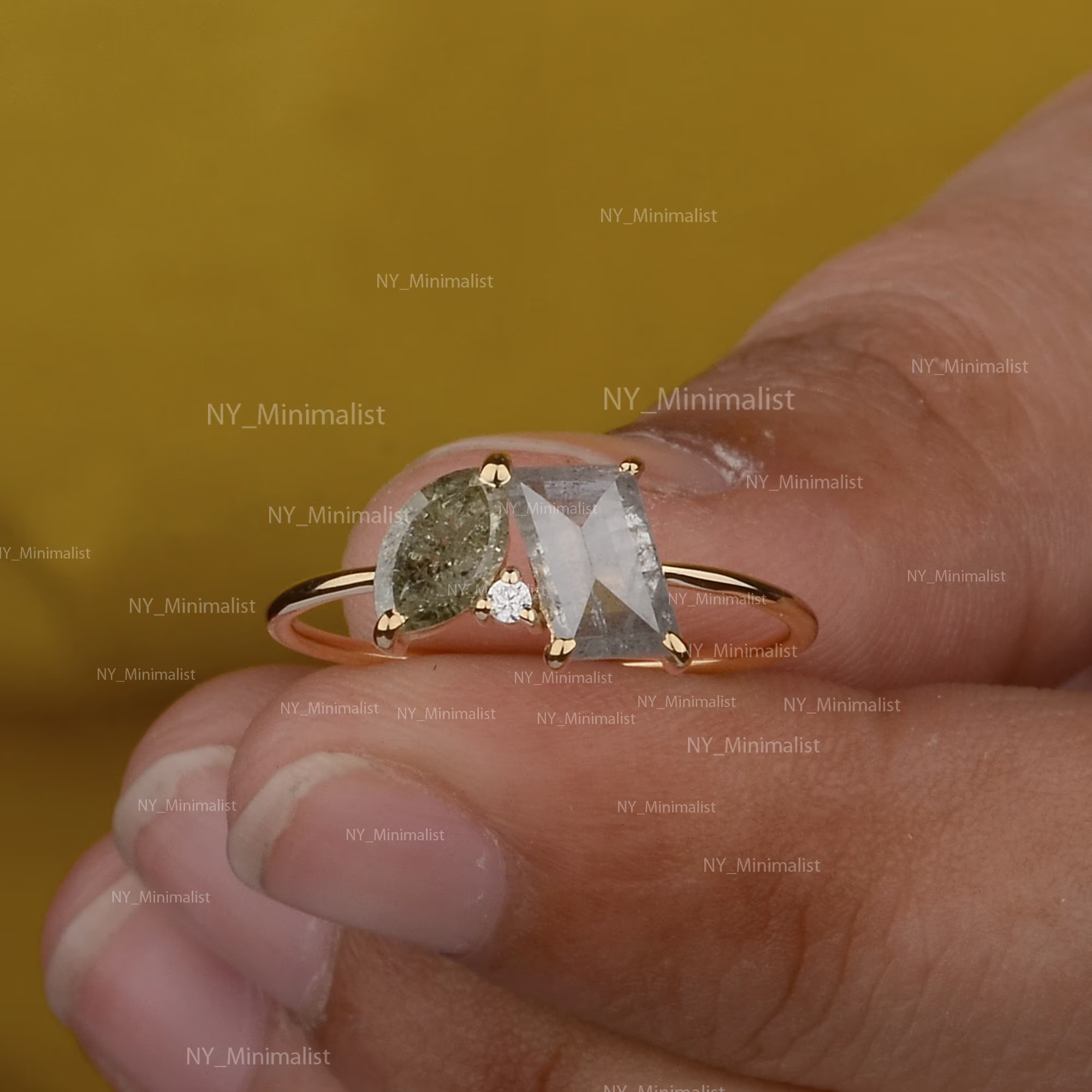 Baguette & Marquise Cut Gray Salt & Pepper Rough Diamond Stackable Ring in Solid 14K Yellow Gold Minimalist Jewelry