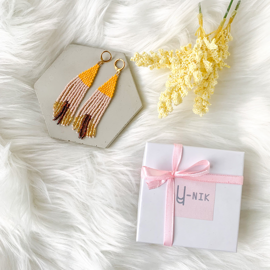 Yellow Seed Bead Earrings, Mustard Hand Beaded Yellow Tassel Statement Beadwork Earrings