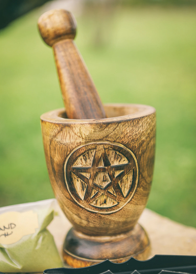 Large Wooden Mortar & Pestle With Engraved Pentacle