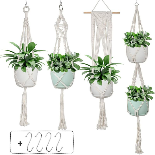 Macrame Hanging Planter, Set of 4 Cotton Rope Hanging Planters with 4 S-Hooks for Wall Decor Indoor Outdoor Ceiling Balcony, White (3 Sizes)