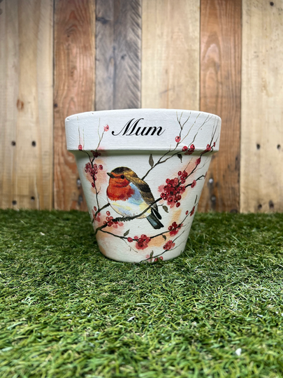 Mum Robin Plant Pot, Dad Decoupaged, Mum Gift, Grandma Personalised Robin Lover Gift