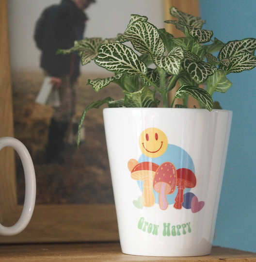 Personalised Smiley Face And Mushrooms Plant Pot