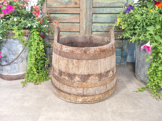 Vintage French Oak Wine Press Barrel Garden Planter Olive Tree Log Basket