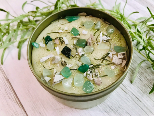 Rosemary Sage Aventurine Candle - Natural/ Beeswax/ & Essential Oils/ Healing Stone
