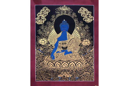 20.5x16.5 Inch Healing Buddha, Hand-Painted Medicine Genuine Hand Painted Tibetan Thangka