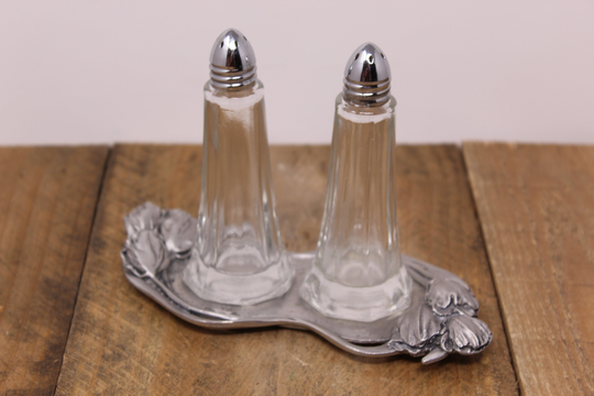Vintage Glass Salt & Pepper Shakers With Tulip Design Pewter Base