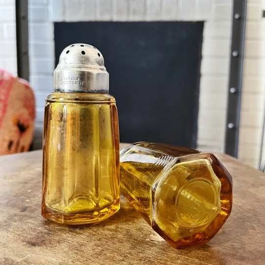 Vintage Hotel Statler Silver Plated Amber Glass Salt & Pepper Shakers