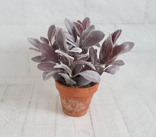 Large Purple Lambs Ear Plant in Old Terracotta Pot Artificial Plants Faux Realistic Planter Clay Gift Indoor