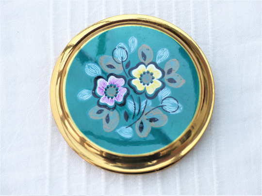 Boots - Vintage 1970S Lacquered Brass Powder Compact With Teal Blue, Pink & Yellow Floral Design Unused