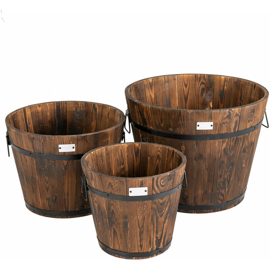Costway - 3PCS Wooden Planter Barrel Set Garden Patio Nesting Burnt Wood Bucket Planters