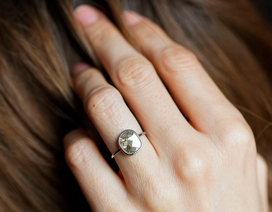 Grey Diamond Ring, Diamond Slice Engagement Simple Salt Pepper Ooak Bezel Solitaire