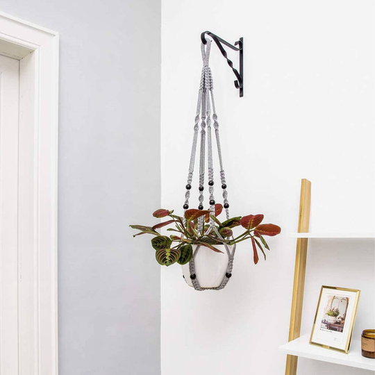 Grey Macrame Hanging Planter With Wood Beads