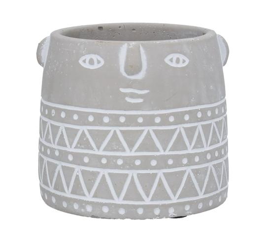 Grey Head Planter, Stone Effect Face Unique Retro Geometric Pattern Cement House Plant Pot Cover, Concrete Indoor Succulent