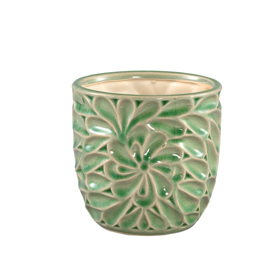 Rustic Green Ceramic Glazed Embossed Flower Design Pot Cover Planter, Indoor Plants Pot, Floral Suzu M
