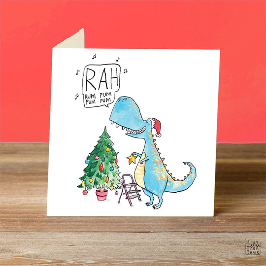 Rah Pum - Christmas Card -Greetings Humour Pun Seasonal Winter Dinosaur Presents