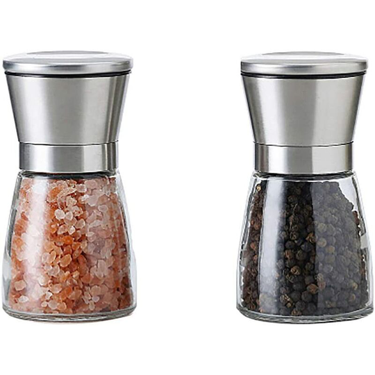 Denuotop - Set of 2 Salt and Pepper Grinders, Best Spice Grinder, with Brushed Stainless Steel Lid, Adjustable Thickness and Refillable Glass Body,