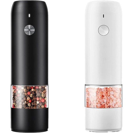 Electric Pepper and Salt Grinder Set -Modern Style - Automatic Black Peppercorn & Sea Salt Spice Mill Set black and white suit