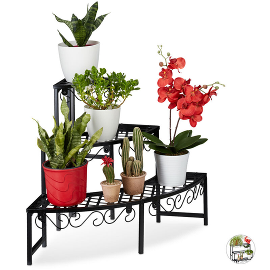 Relaxdays - Metal Flower Rack, Plant Shelf, 3 Tiers, Half-Round, Garden Plant Stand for Garden, Balcony or Patio, Black