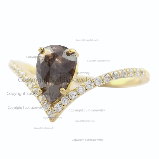 Genuine 0.33 Ct. Pear Salt & Pepper Diamond Engagement Ring Solid 14K Yellow Gold Round Chevron Anniversary Gift For Her