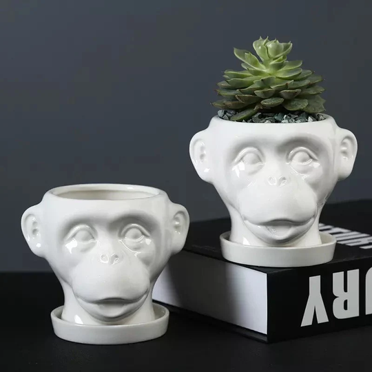 Monkey Planter Set, Plant Pot, White, Animal Pot For Succulents Plants, Flower Planter, Ornament, Pen