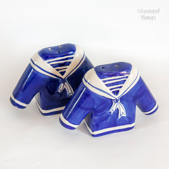 French Vintage Blue Ceramic Sailor Suit Design Salt & Pepper Shaker Pots Cruet Set