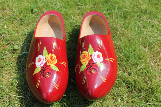 Clogs, Adult Size, Hand Painted With Flowers On A Cherry Red Background in The Style Of Barge Ware