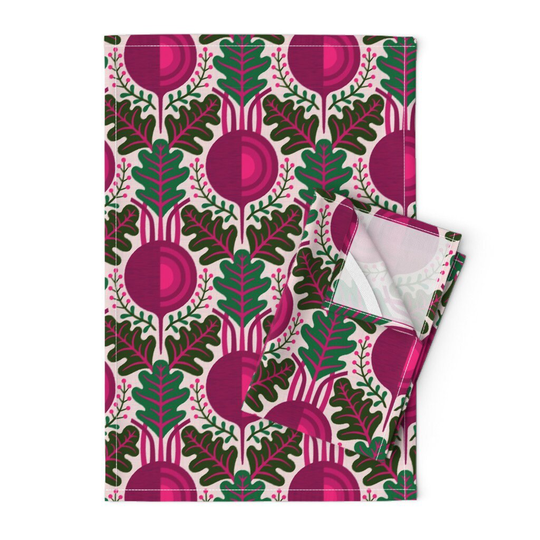 Beet Damask Tea Towels | Set Of 2 - Beetroot & Herb By Meliszawang Bold Fuchsia Vegetable Garden Linen Cotton Spoonflower