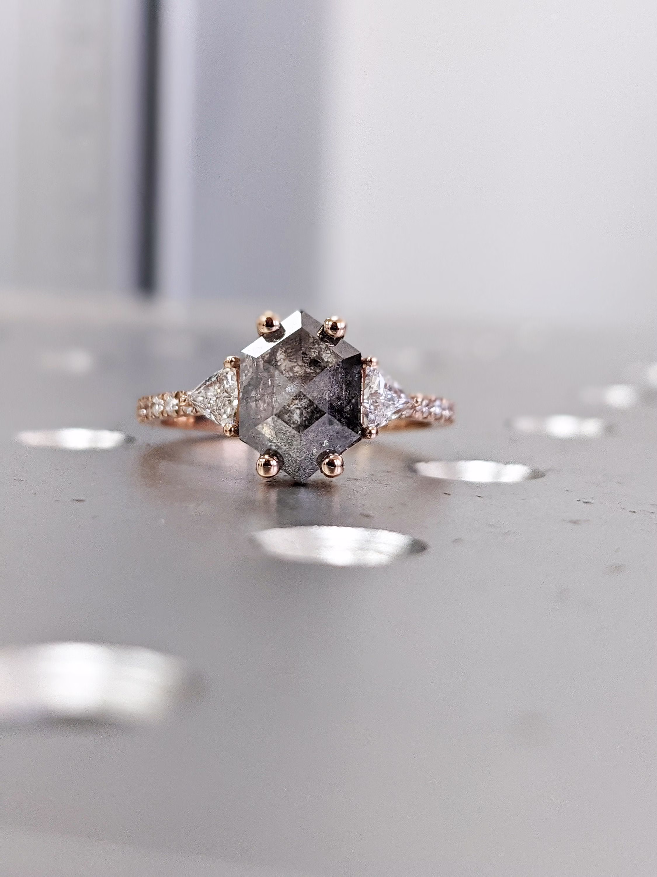 Raw Diamond Hexagon Triangle Diamond, Salt & Pepper, Unique Engagement Ring, Rose Cut Geometric 14K Gold, Custom Handmade