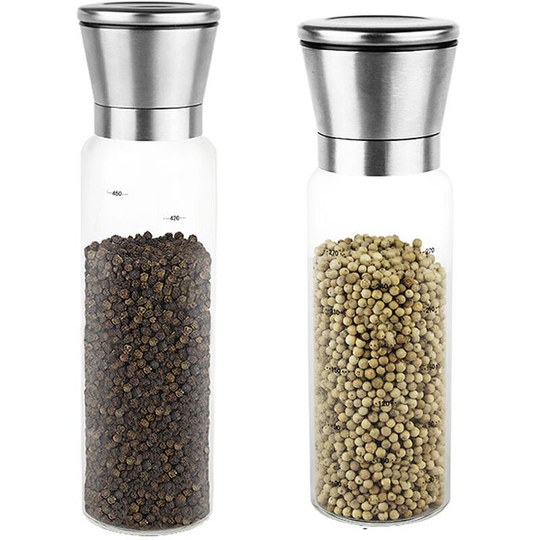 Fvbjd - Premium Stainless Steel Salt and Pepper Grinder Set of 2 Borosilicate Glass Jar-Adjustable Clear Pepper 1pcs300ml ceramic core+1pcs500ml
