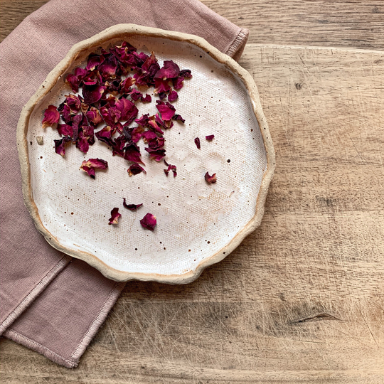 Handmade Ceramic Ingredients Dish For Herbs & Spices. Flecked Clay With White Glaze Wobbly Edges. Approx 13cm