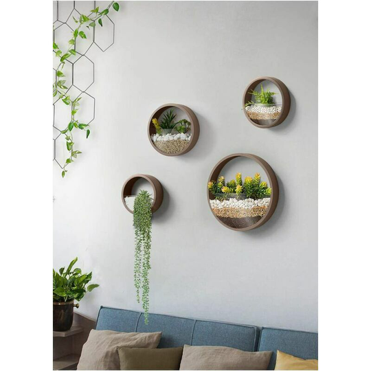 Wall Planter Set of 4 Pieces Flower Vase Round Metal Wall Planters Pot Planters Flower Pot Wall Decor for Indoor Succulent Plants (Brown)