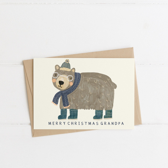 Grandpa Bear Christmas Card | Grandad Gramps Pop Grandfather Xmas Merry Seasons Greeting Happy Holidays Eco-Friendly Recycled Hand Painted