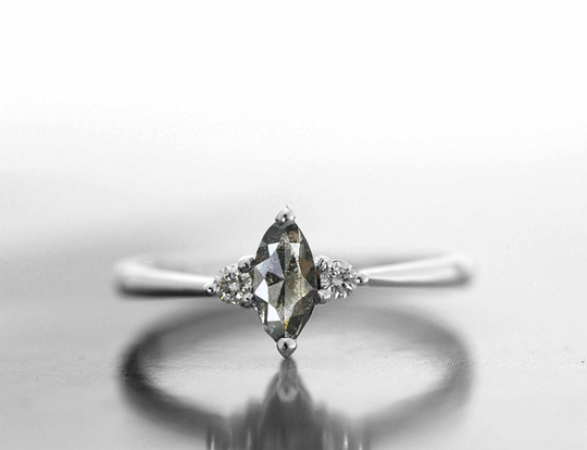 Marquise Salt & Pepper Diamond Round Three Stones Ring | Art Deco Minimalist Engagement Anniversary