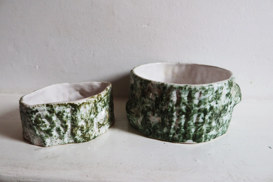 Pair Of Beautiful Mossy Green Trunk Style Planters With White Undertone Plant Pots Or Storage Keep Sake Potpourri Gift Present