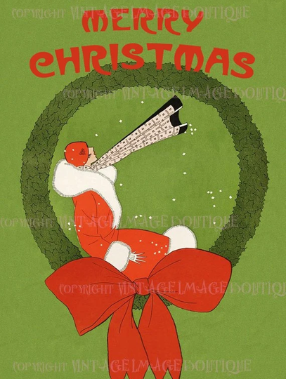 Antique 1920's Lovely Flapper Who Sits Posed On A Wreath Of Holly Christmas Season Winter Solstice Holiday 5x7 Greeting Card