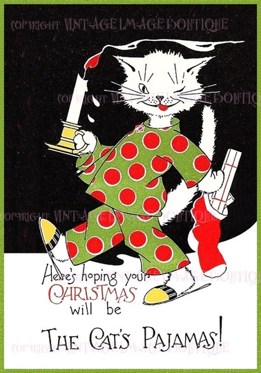 Adorable 1920's Illustration Of A White Cat in Pajamas Pyjamas Christmas Season Winter Solstice Holiday 5x7 Greeting Card