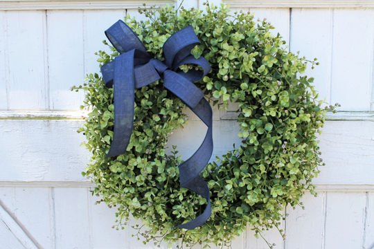 Summer Front Door Wreath With Navy Blue Bow, Farmhouse Boxwood Wreath, Year Round Indoor Outdoor All Season Greenery