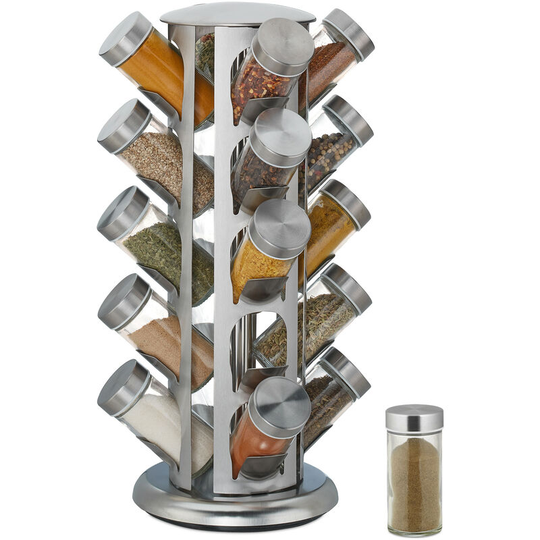 Relaxdays - Spice Rack, 20 Glass Jars, Rotatable, Stainless Steel, h x d: approx. 34 x 22 cm, Silver