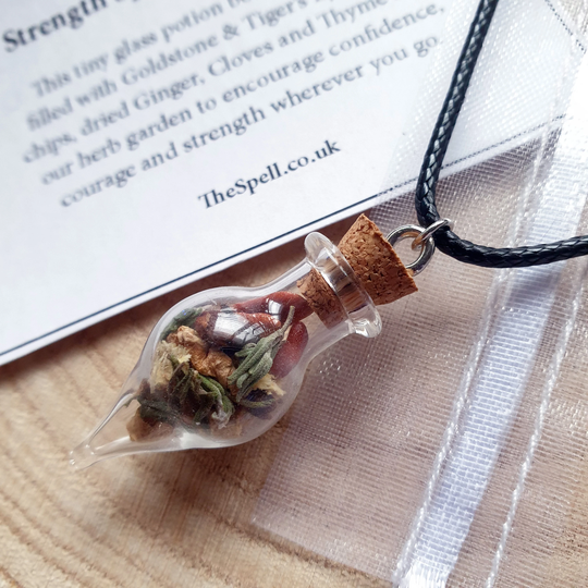 strength Spell Bottle Necklace | Goldstone, Tiger's Eye, Ginger, Cloves, Thyme Witch, Wiccan, Pagan, Spells, Magick, Confidence